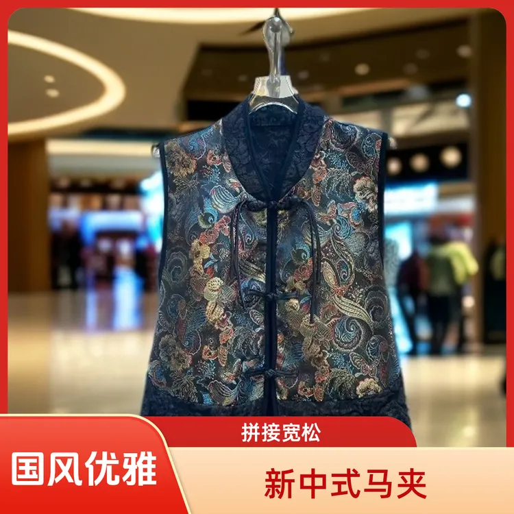 新中式国风盘扣浮雕花马甲女刺绣拼接显瘦洋气马夹外套背心坎肩