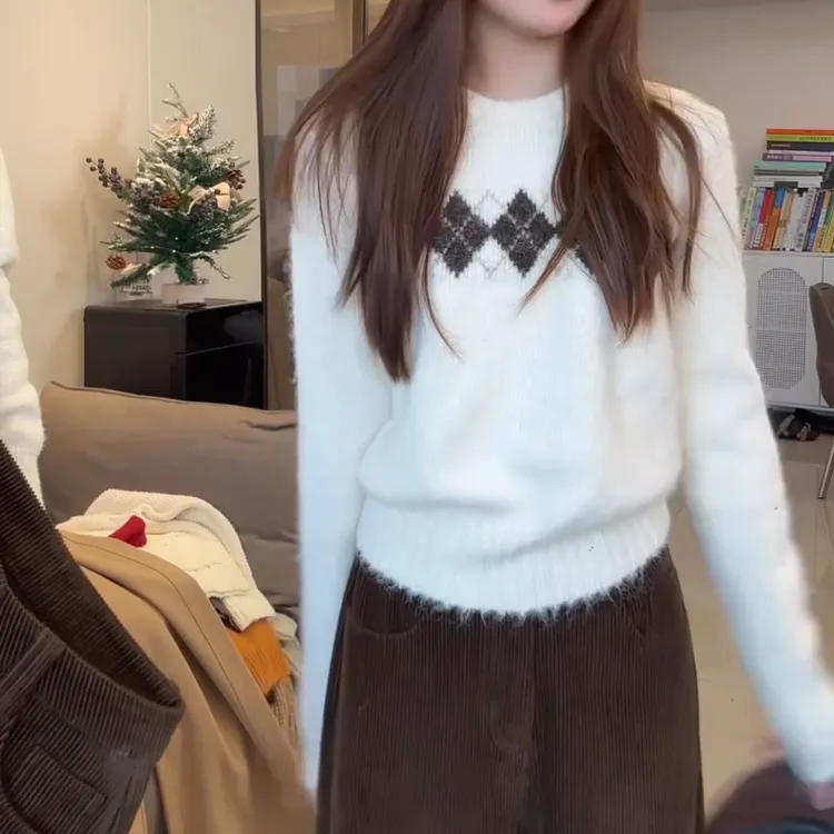 【菱格美学】2026新款韩系百搭复古菱格套头长袖针织衫LK2509361