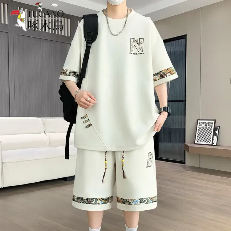 啄木鸟休闲服男款2025夏季新款潮牌大码休闲运动套装男士夏装套装