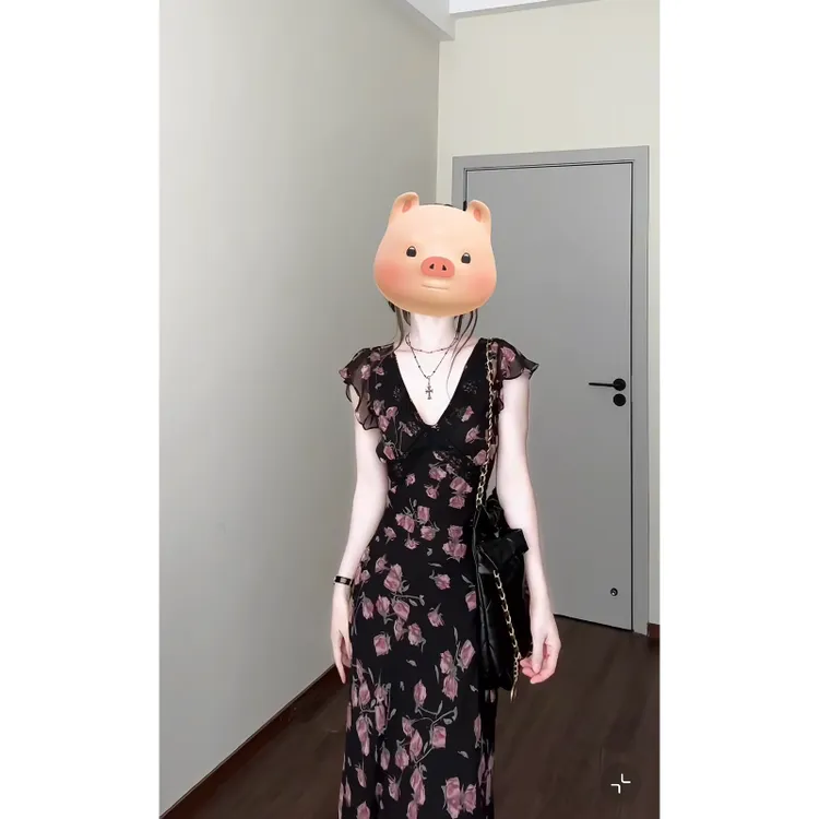 大码【暗夜玫瑰】法式印花雪纺蕾丝拼接优雅v领显瘦连衣裙洋气长裙