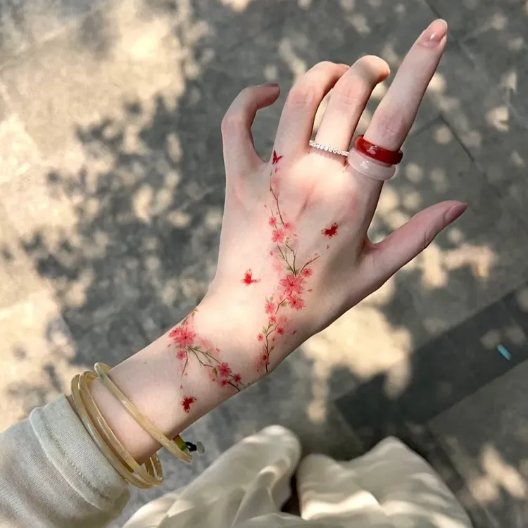 国风灼灼桃华 纯欲手缠环彩色纹身贴ins防水持久女小清新逼真网红