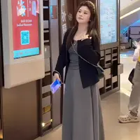 胖mm秋季套装女条纹吊带背心长袖开衫外套巨显瘦半身裙三件套1996