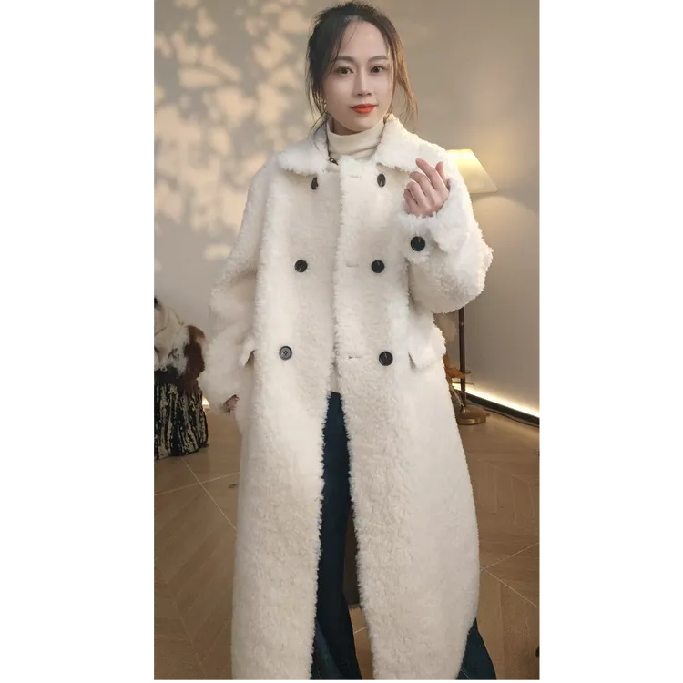 2025新款休闲风女长款直筒宽松双排扣冬季羊剪绒中长款皮毛一体