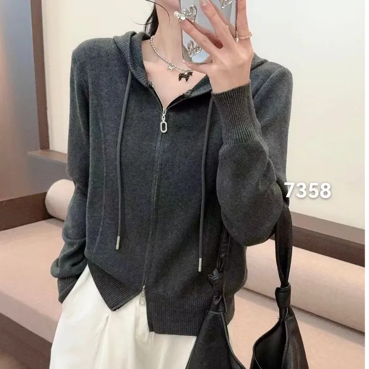 【静姐家】7358早秋新款女双拉链针织开衫毛衣长袖宽松连帽针织上衣