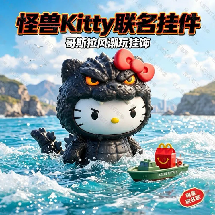 哥斯拉kitty联名麦当劳怪兽凯蒂玩具毛绒玩偶亚克力挂件包包挂饰