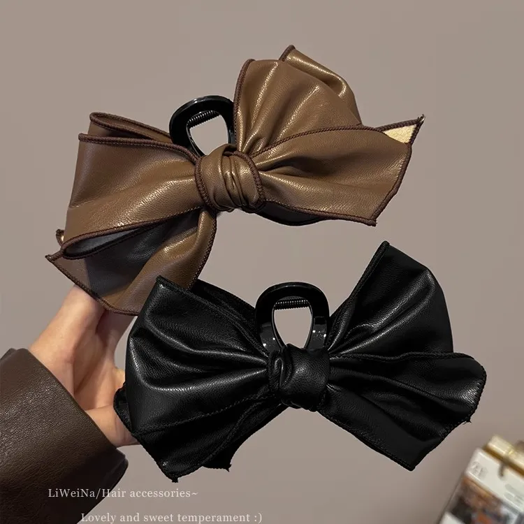 气质皮质蝴蝶结发夹女高级感大号后脑勺盘发抓夹鲨鱼半扎发抓夹