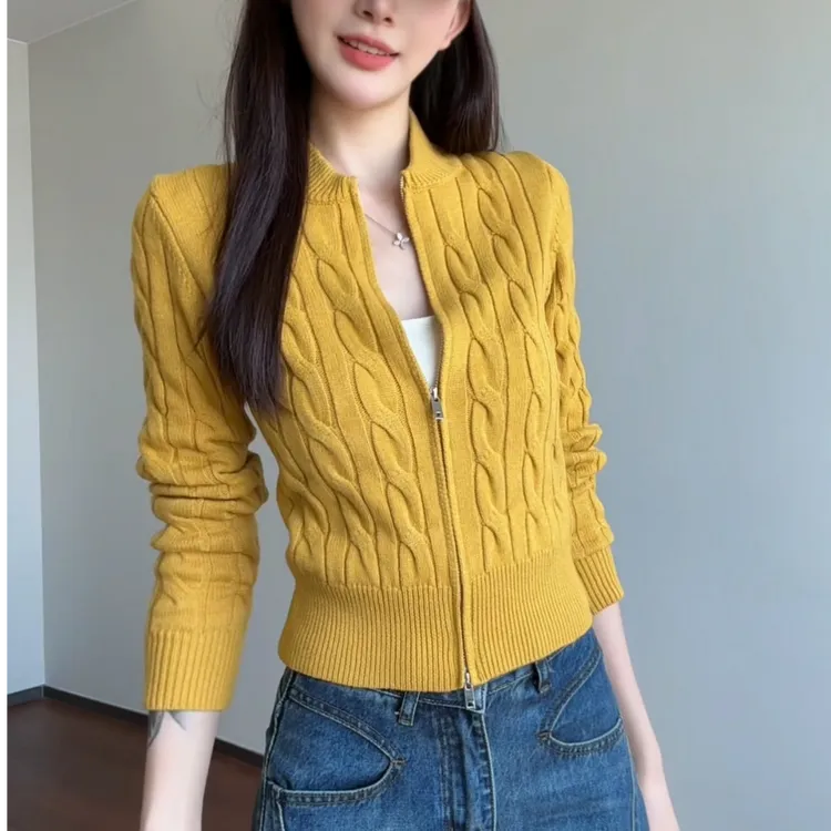 2025秋冬新款复古麻花毛衣开衫外套女修身双拉链外穿短款针织上衣