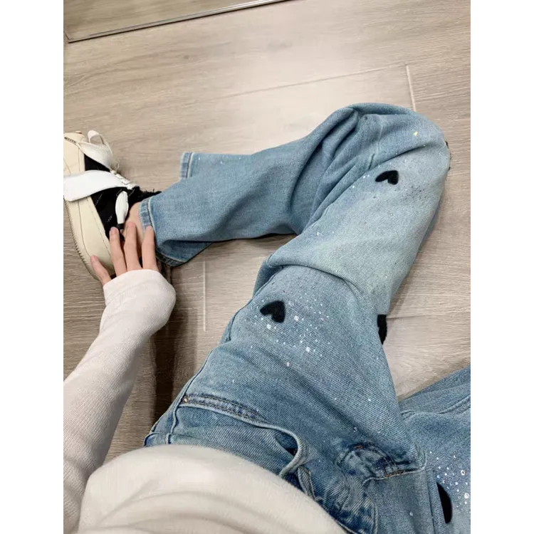 烫钻爱心高腰阔腿裤2025春季新款宽松显瘦直筒裤子时髦别致牛仔裤