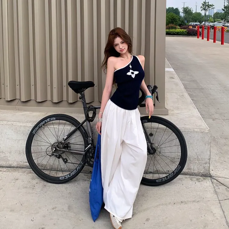 斜肩无袖背心上衣女夏季2025新款时尚套装休闲阔腿裤长裤两件套