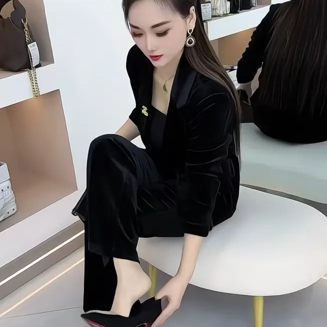 高档洋气西服西装套装秋冬气质新款时尚显瘦修身外套微喇裤两件套