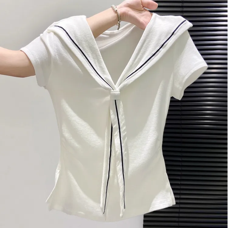 海军领白色正肩短袖t恤女大码胖mm2025新款夏季显瘦修身短袖上衣