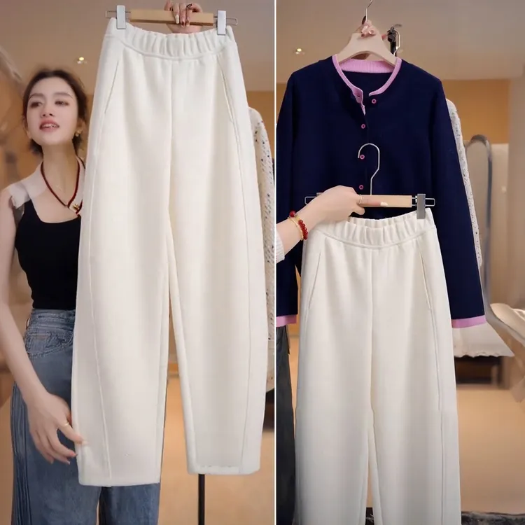 拉夏贝尔加绒毛呢香蕉裤秋冬休闲裤高腰垂感秋季镰刀直筒阔腿卫裤