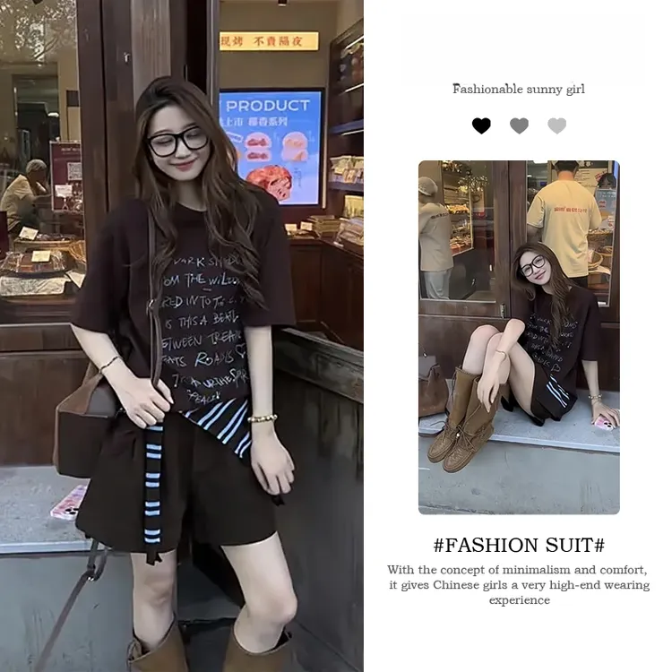 女生韩系ins衣服秋季2025新款字母印花修显短袖T恤短裤热裤靴裤