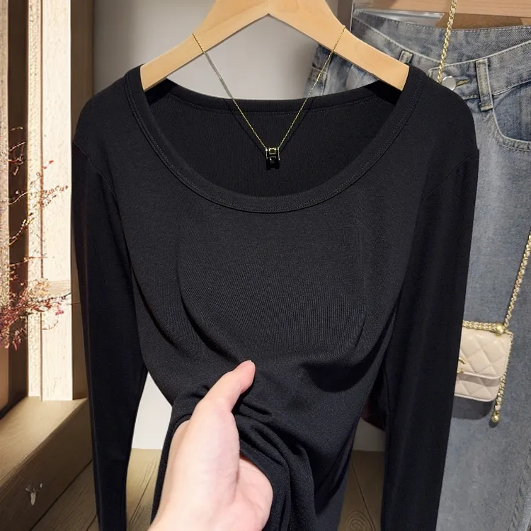 黑色螺纹u领打底衫女内搭2025新款早秋长袖T恤修身显瘦秋季上衣