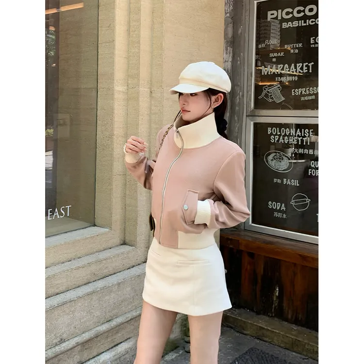 早秋新款撞色拼接粉色外套女2025新装短款时尚气质外搭夹克上衣潮