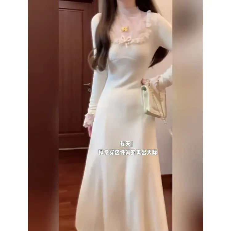 纯色针织连衣裙子女秋冬季2025新款法式高级感配大衣内搭打底长裙