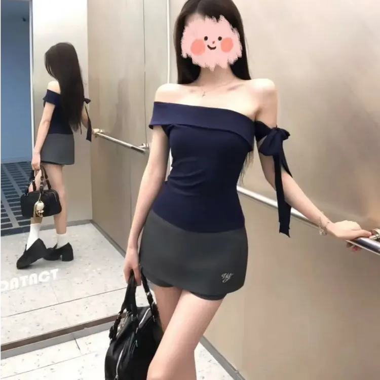 夏季新款时尚辣妹修身显瘦短款一字肩纯色上衣+高腰百搭半身裙