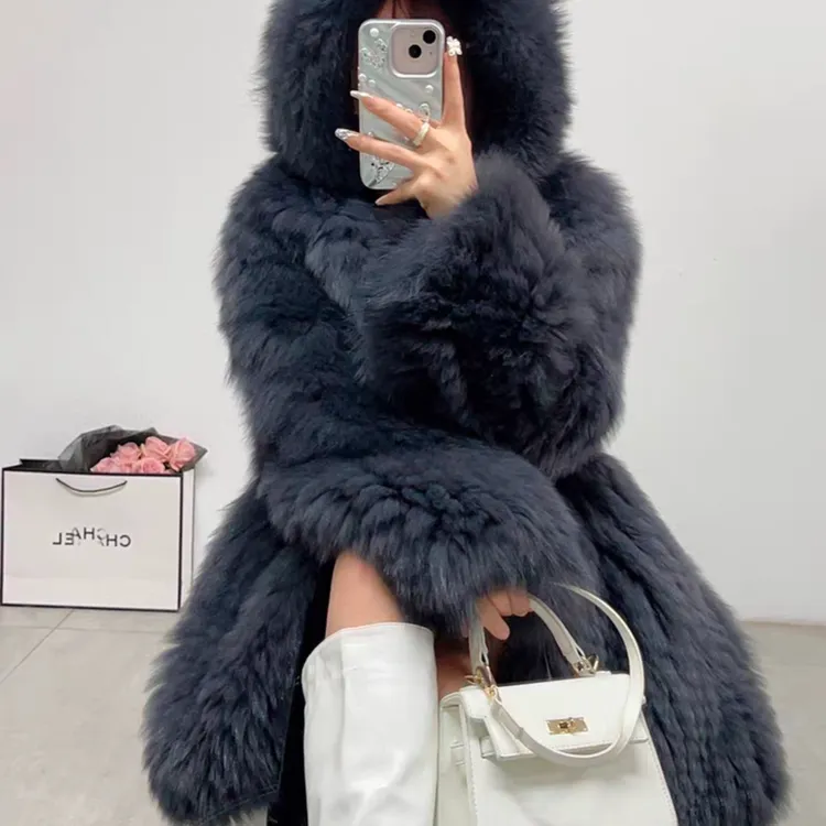 狐狸85熊 慵懒风85衣长真毛狐 狸毛风衣连帽长款双面编织女外套