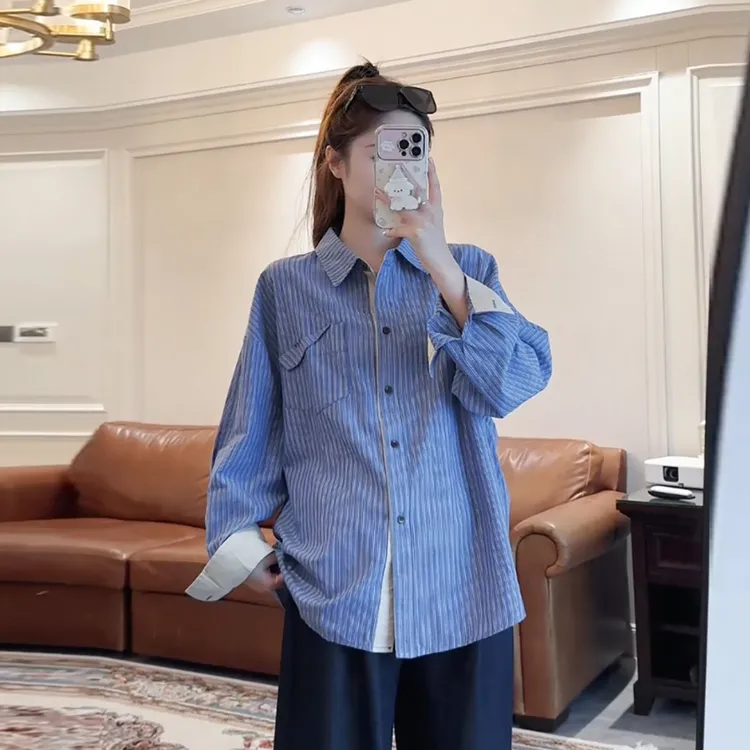 ◆小众职业范~韩国时尚条纹衬衫春秋装设计感上衣宽松显瘦衬衫