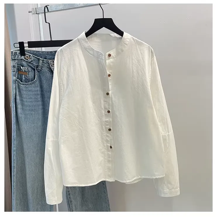 1077圆领白衬衫女宽松2025新款韩版休闲灯笼袖叠穿显瘦纯棉衬衣