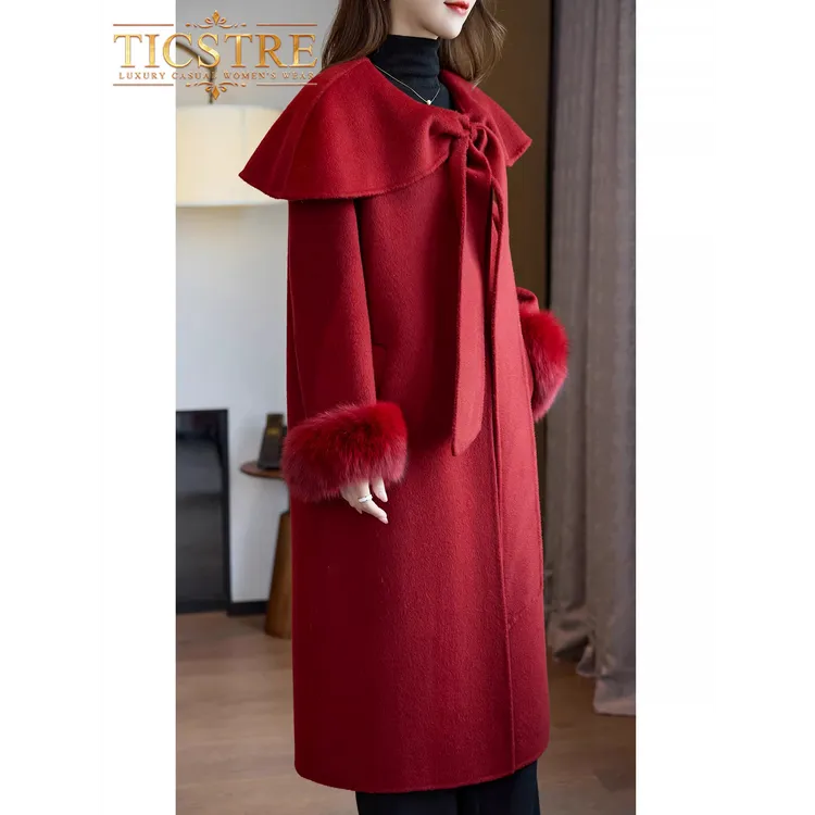 TICSTRE喜庆时尚气质百搭双面呢大衣2025秋冬新款法式羊毛绒外套