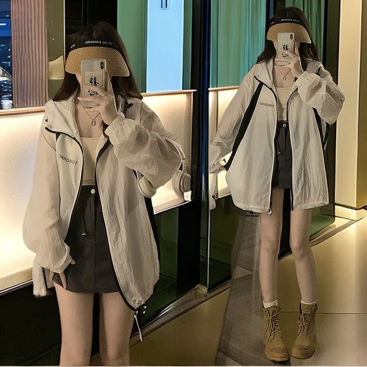 防晒衣女夏季薄风衣2025新款撞色宽松中长款休闲薄外套透气防晒服