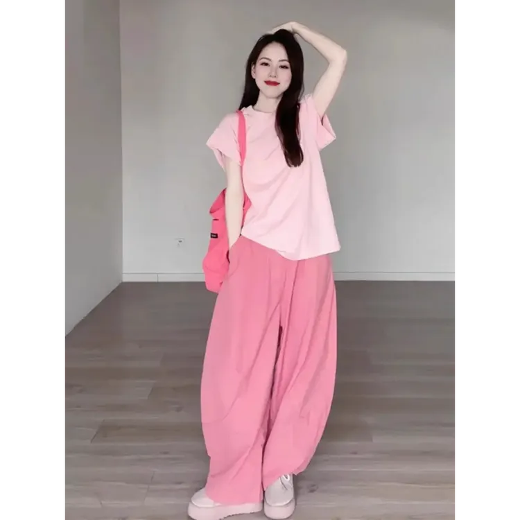 夏日多巴胺一整套T恤阔腿裤两件套慵懒风俏皮活泼减龄套装小个子