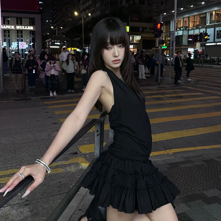 美式辣妹套装黑色挂脖修身背心女装春季高腰半身短裙蓬蓬裙两件套