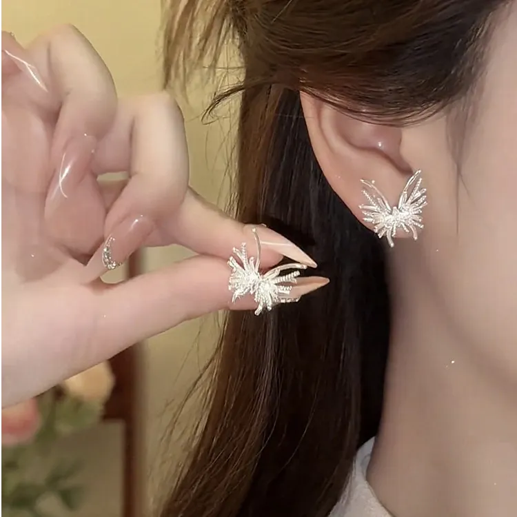 铜合金耳饰 银色锆石烟花蝴蝶耳钉女小众设计感时尚气质百搭耳环