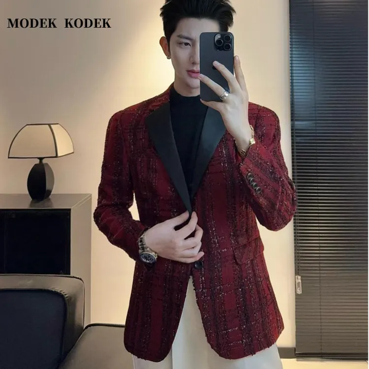 MODEK KODEK小香风男商务休闲西服上衣秋季新款时尚百搭拼接外套