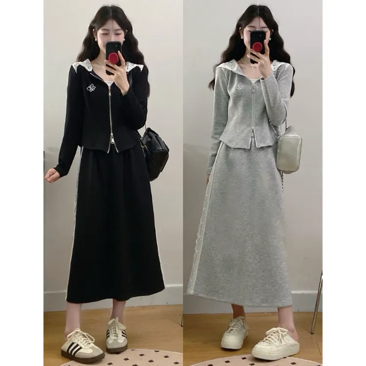 大码女装春秋新款胖mm新款刺绣蕾丝拼接上衣+半身裙两件套套装裙