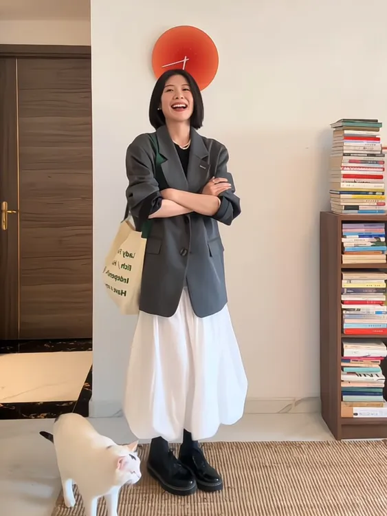 灰色休闲小西装外套春季2025新款韩系宽松气质西服上衣百搭半身裙