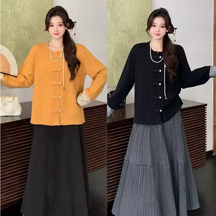 大码时尚新中式盘扣气质软糯毛织上衣高腰半身裙套装72111+23288