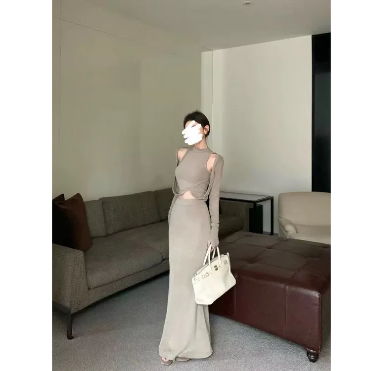 复古气质设计感辣妹假两件长袖上衣高腰显瘦半身裙磨毛纯欲套装女