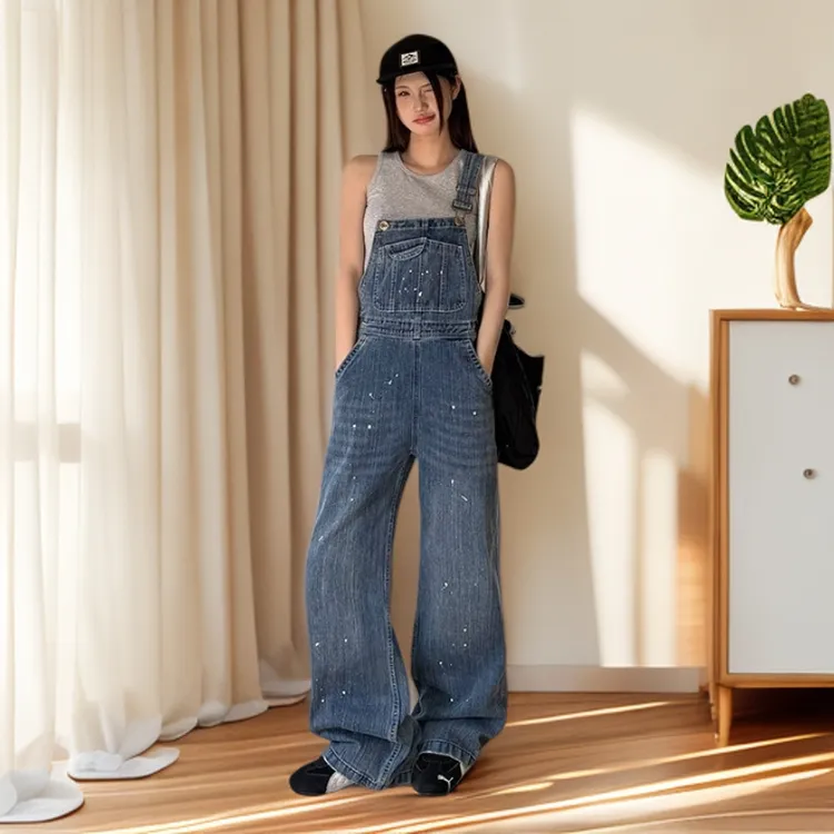 美式复古牛仔背带裤女韩版宽松减龄设计感小个子显瘦直筒阔腿裤秋