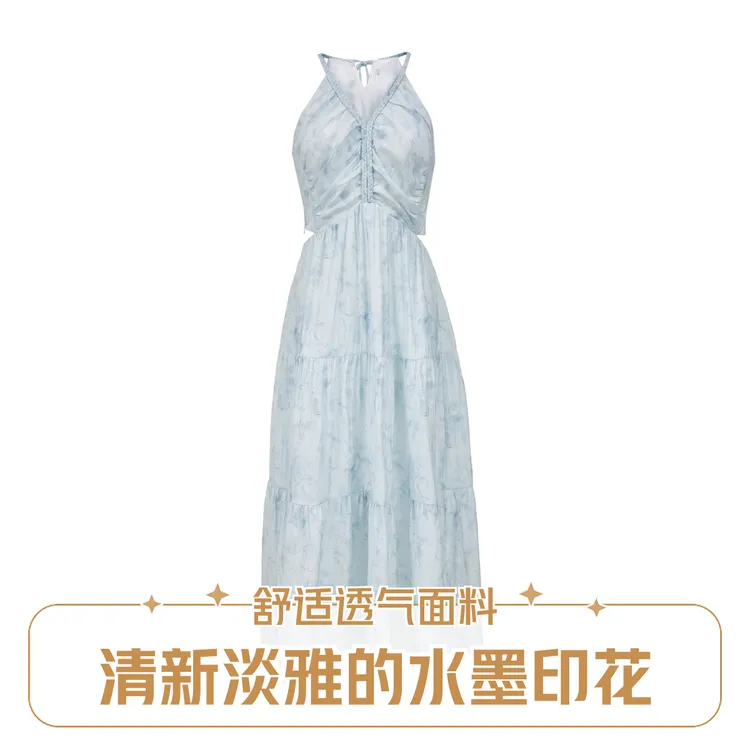 2025夏季新款最火浪漫花卉印花显瘦腰部镂空挂脖V领绑带连衣裙女