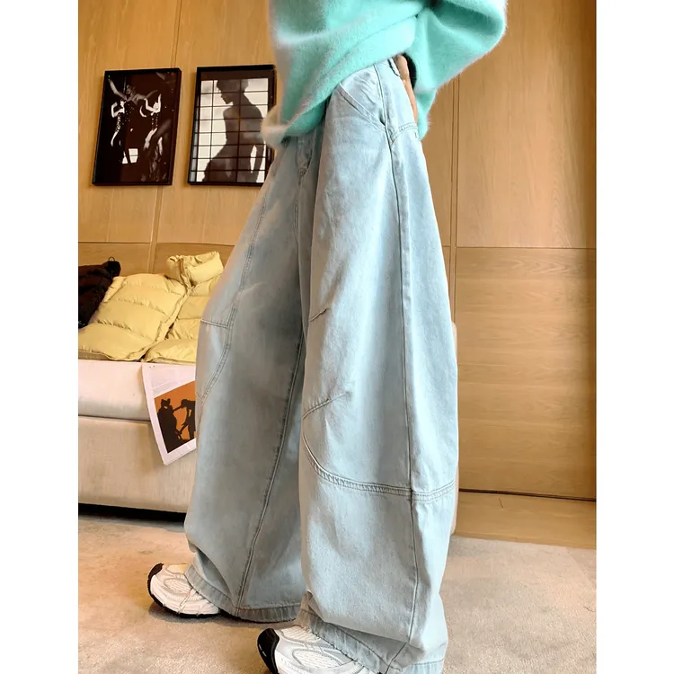 李婉君韩系弯刀牛仔裤秋季慵懒设计感宽松阔腿拖地裤LWJ25C3K3036