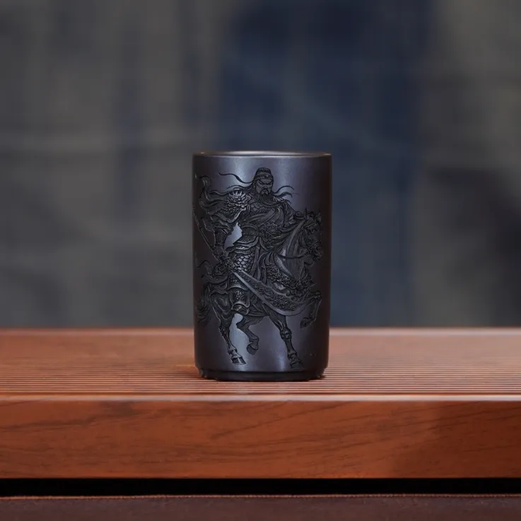 宜兴全手工原矿茶具正宗石黄刻绘关羽精致高颜值直筒紫砂主人杯