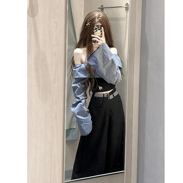 学院风美式辣妹撞色一字肩条纹长袖衬衫女秋季休闲阔腿裤两件套装