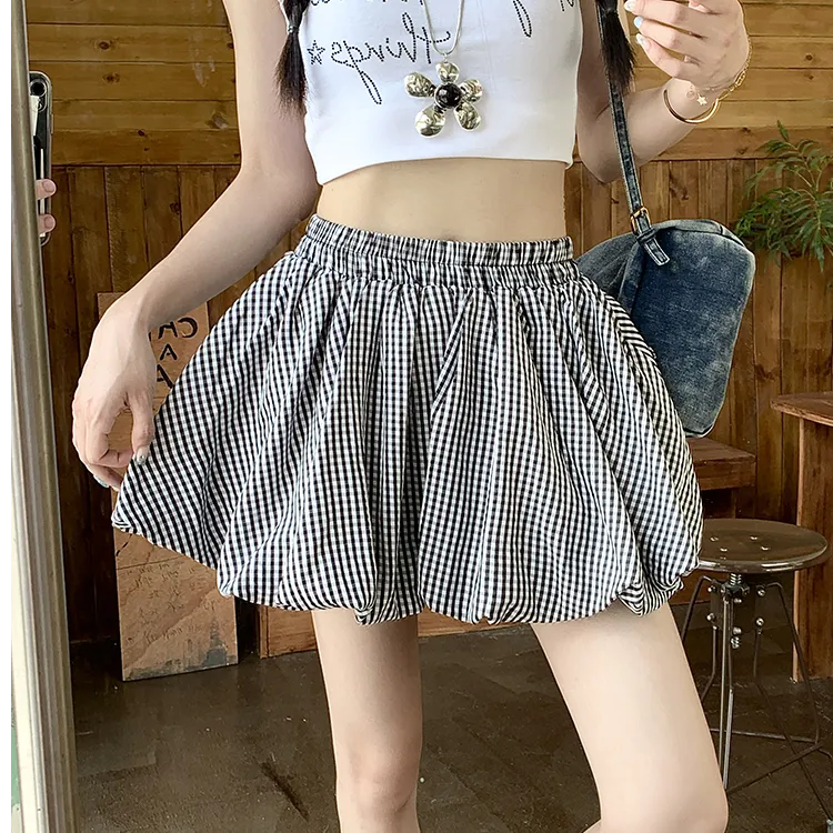 格子花苞短裙女夏季高腰显瘦a字防走光南瓜裤小个子半身裙百褶裙