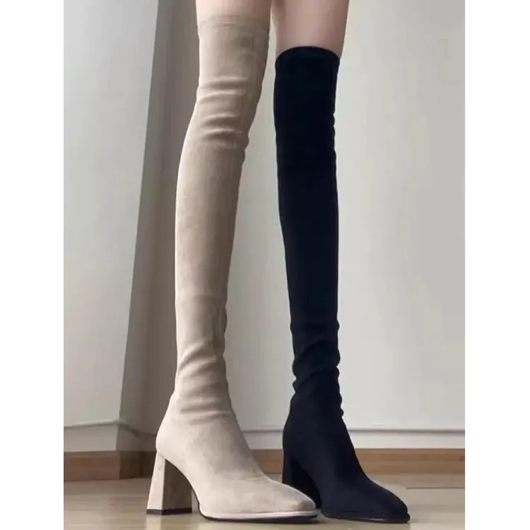 过膝长靴女款2025新款秋冬方头粗高跟爆款加绒瘦瘦靴高筒弹力靴子