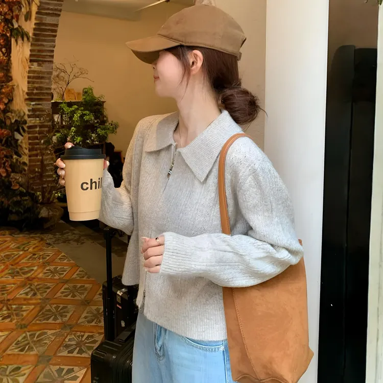 《高级感~肌理灰》秋季短款针织开衫拉链外套毛衣女可内搭外穿上衣