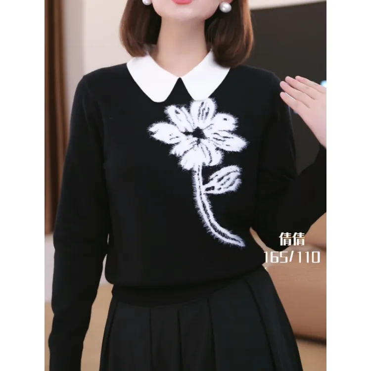 设计感雪绒花翻领毛针织衫女2025秋冬新款时尚洋气百搭极简风上衣