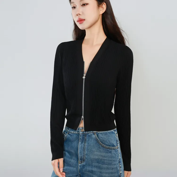 哥弟阿玛施正品V领针织女拉链针织开衫长袖圆领毛针织衫外套休闲