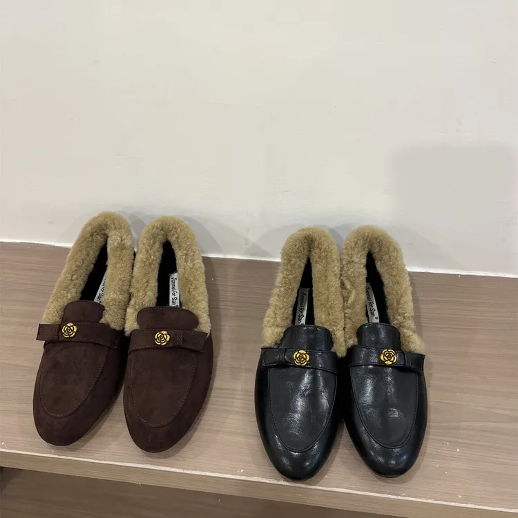 3298-21加绒保暖一脚蹬浅口单鞋女新款山茶花圆头内增高乐福鞋