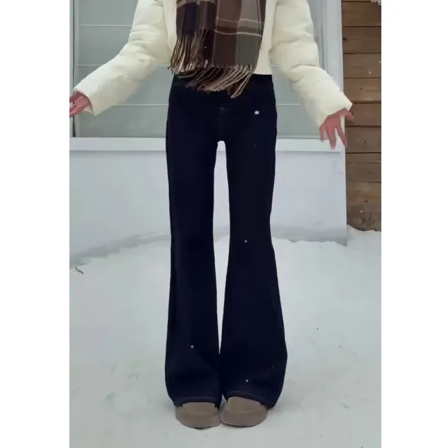 加绒保暖不贴腿微喇牛仔裤女2025秋冬新款高腰显瘦百搭窄版阔腿裤