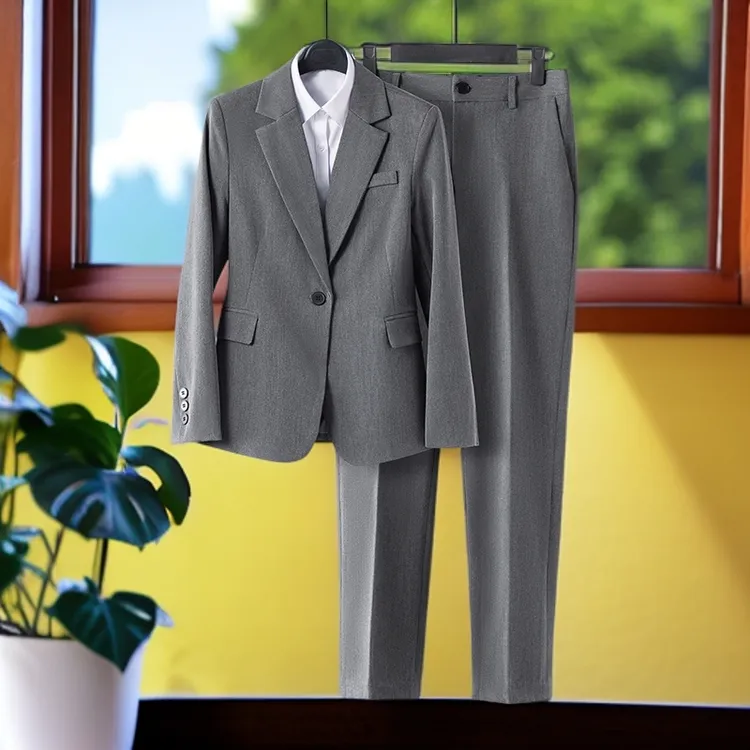 灰色西装外套女春秋小个子职业正装大学生面试工作服气质西服套装