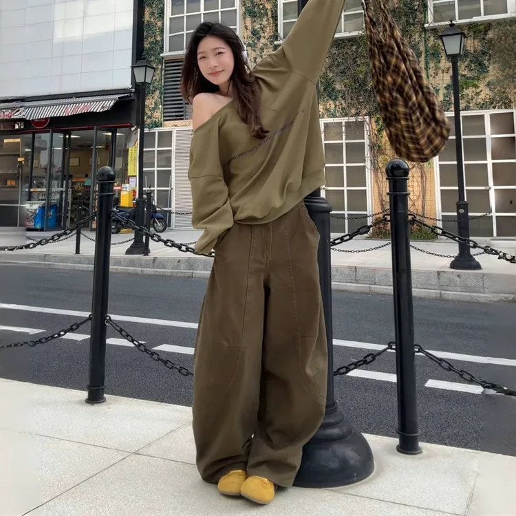 2025新款高腰夏季复古美式港风中性口袋百搭宽松阔腿休闲牛仔裤女
