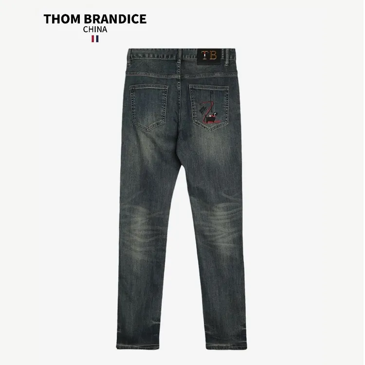 【官方旗舰】THOMBRANDICE深蓝弹力滑板小狗刺绣tb牛仔裤复古直筒裤