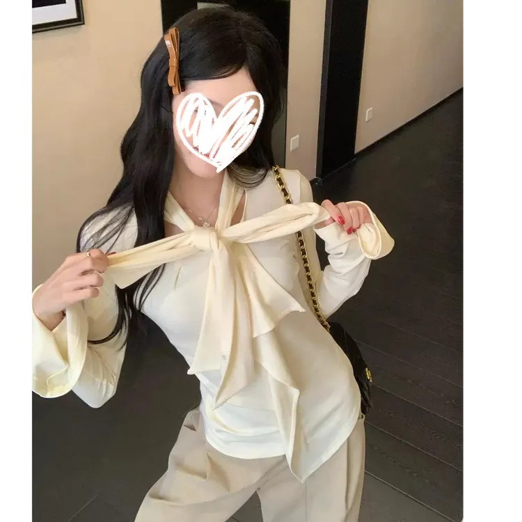 25新款设计感荷叶边飘带长袖T恤女装秋季别致百搭修身